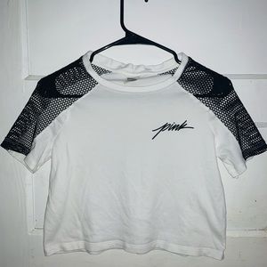 - PINK - XS - white crop top with black netting on sleeves